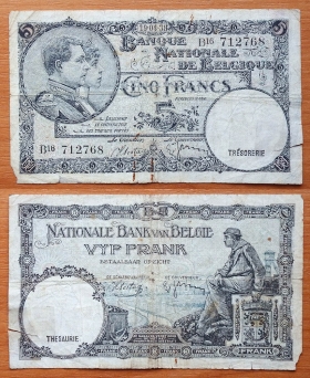 Бельгия 5 франков 19.04. 1938 P-108a