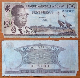 Конго 100 франков 1962 F P-6a с/н VA 000002