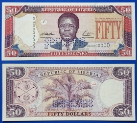 Либерия 50 долларов 1999 UNC Образец