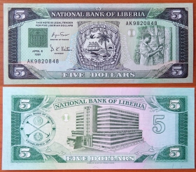 Либерия 5 долларов 1991 UNC