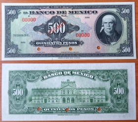 Мексика 500 песо 1940-1943 UNC Образец Р-43s