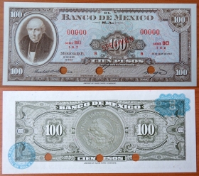 Мексика 100 песо 1967 UNC Образец Р-61s
