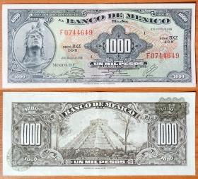 Мексика 1000 песо 1974 Темно зеленые печати