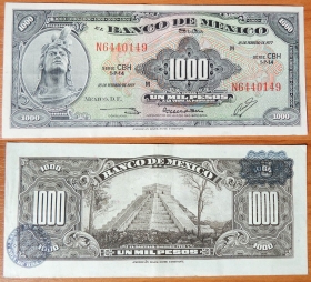 Мексика 1000 песо 1977 Сине-черные печати