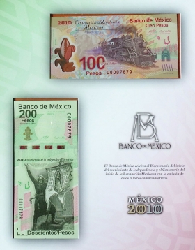 Мексика 100 и 200 песо 2010 UNC с одинаковыми номерами в фолдере