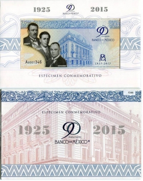 Мексика 90 лет банку Юбилейная демонстрационная банкнота