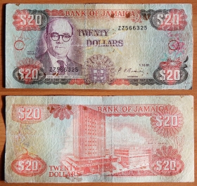 Ямайка 20 долларов 1991 F Замещенка