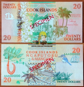 Острова Кука 20 долларов 1992 UNC Образец