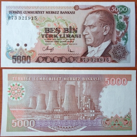 Турция 5000 лир 1990 UNC P-198