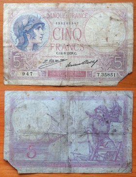 Франция 5 франков 14.8. 1928 P-72d