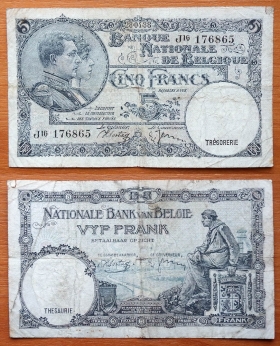 Бельгия 5 франков 28.04. 1938 P-108a