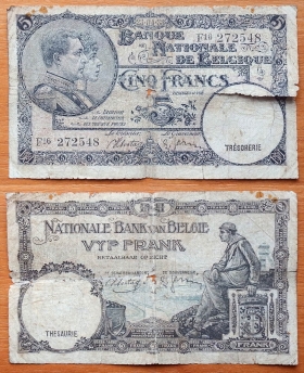 Бельгия 5 франков 23.04. 1938 P-108a