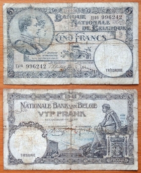 Бельгия 5 франков 21.04. 1938 P-108a