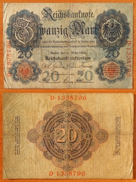 Германия 20 марок 1906 F/VF Серия M/D (1)