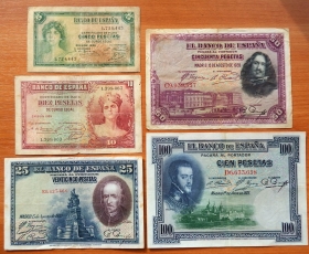Испания 5 банкнот 1925 , 1928 , 1935 ( 5, 10, 25, 50, 100 песет )