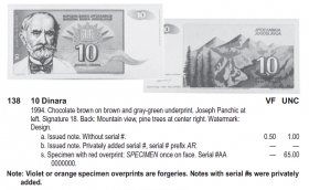 Югославия 10 динаров 1994 Образец UNC