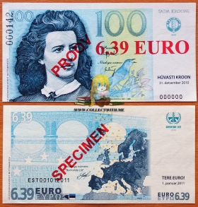 Союз Бонистов 100 крон - 6,39 евро 2010 UNC Образец