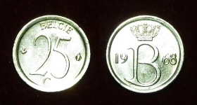Бельгия 25 сантимов 1968