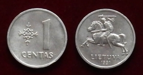 Литва 1 цент 1991 XF