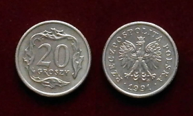 Польша 20 грошей 1991 XF