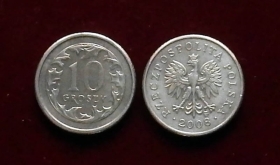 Польша 10 грошей 2008 XF